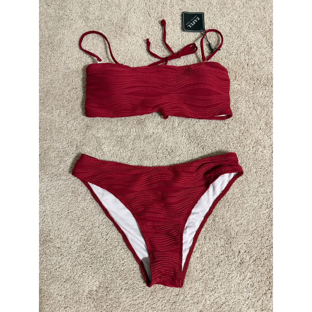 Zaful Red Textured Bikini Set Lace Up Back Two Piece Swimsuit Size L US 8